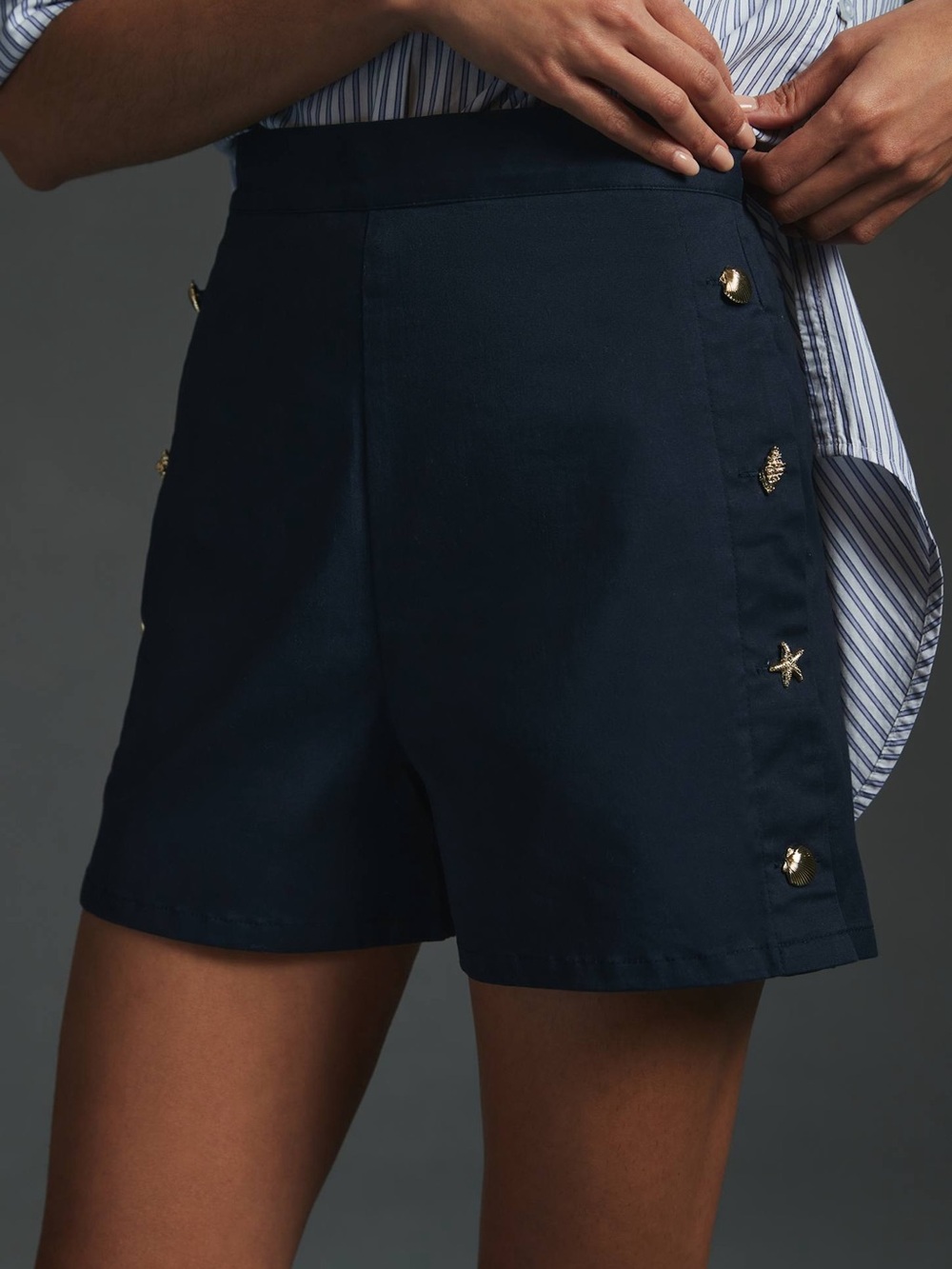 Corey Lynn Calter Nautical Navy High-Waist Embellished Side-Button Shorts
